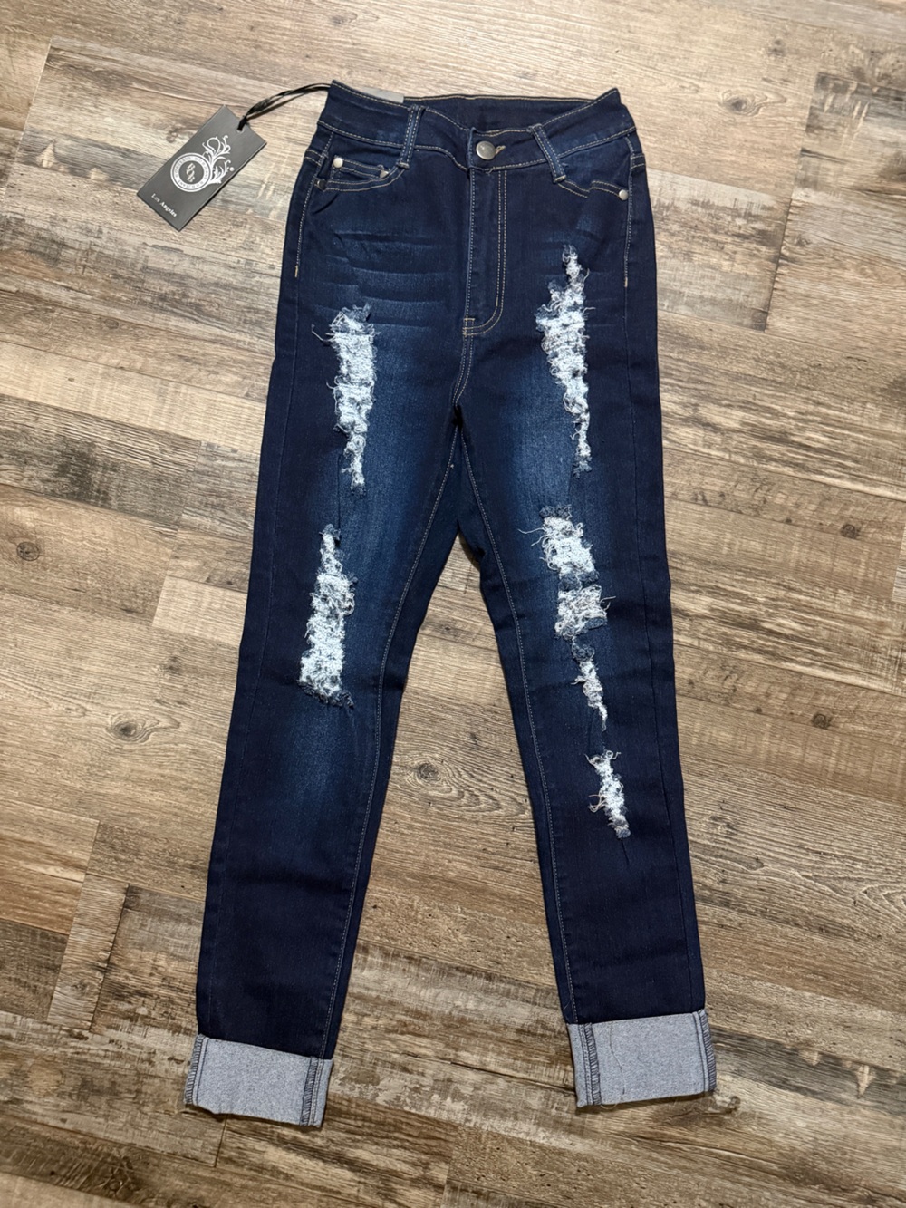 Fashion Nova Dark Blue Distressed Skinny Jeans